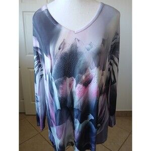 Jess And Jane Top Womens‎ Large Stretch V Neck Flowy Tunic Rhinestones Floral